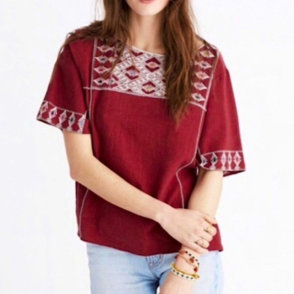 Madewell Tops - Madewell Linen Blend Tee Top S Embroidered Boho Burgundy Tribal Cropped Boxy